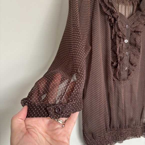 Costa Blanca Women Size XS Sheer Blouse Polka Dot Chocolate Brown Teacher Office - Picture 4 of 8